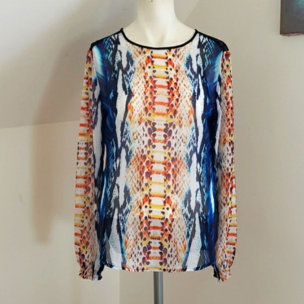 PHILOSOPHY Snake-Print Semi-sheer Multicolor Black Shoulder Lace Trim Top XS - Picture 7 of 16